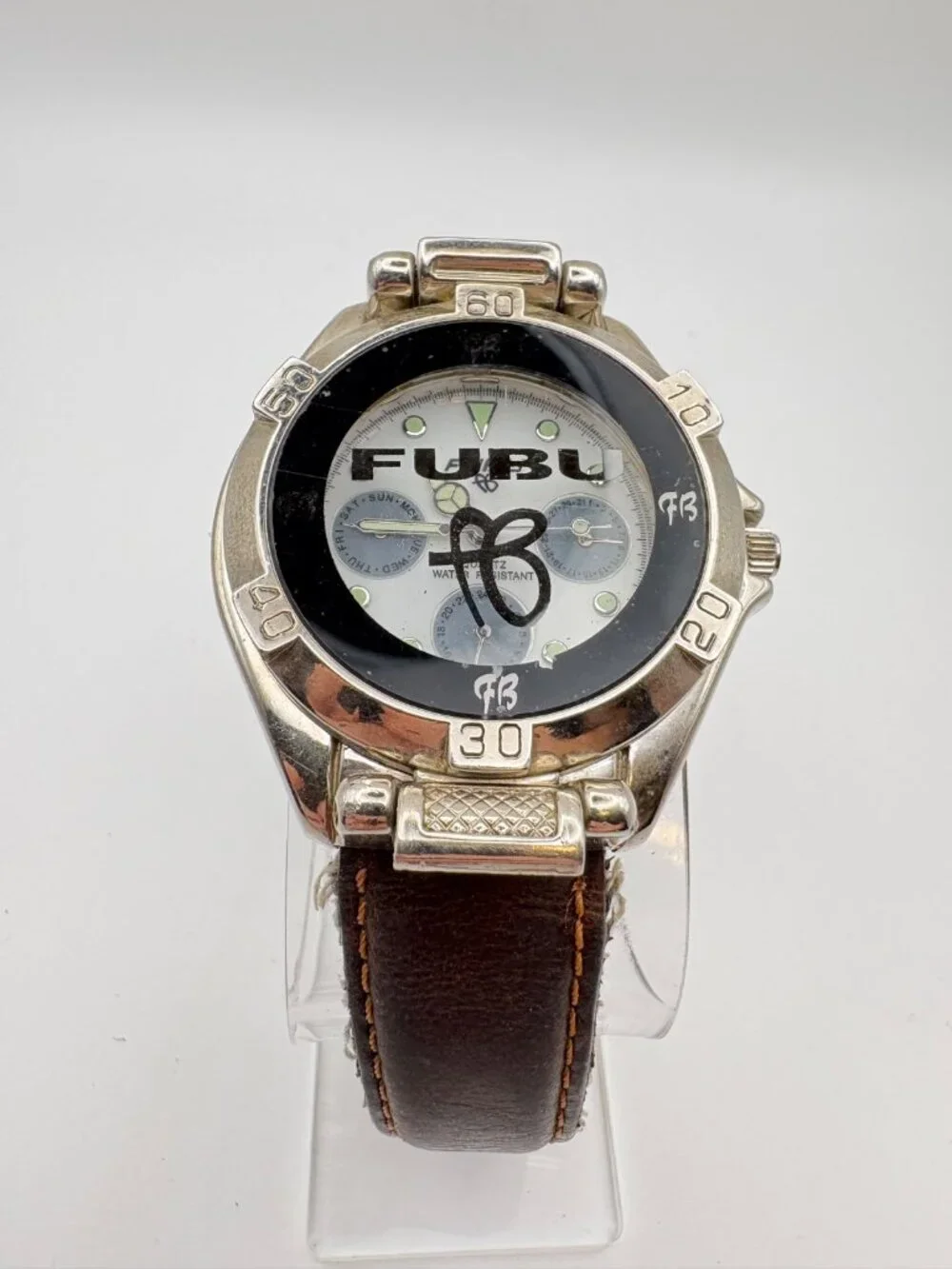 Vintage FUBU Mens Quartz Watch Hinged Flip Cover Silver Tone Leather Band Works